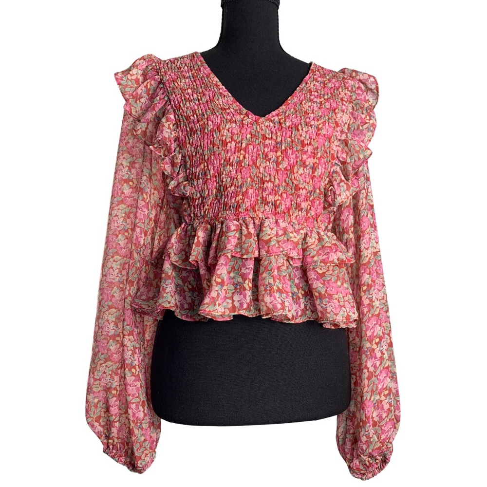 Jacquie The Label Pink Floral Smocked Ruffle Peplum Crop Top Women's M Boho